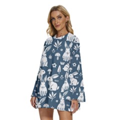 Round Neck Long Sleeve Bohemian Style Chiffon Mini Dress 
