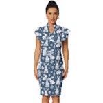 Easter bunny pattern Vintage Frill Sleeve V-Neck Bodycon Dress