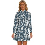 Easter bunny pattern Women s Long Sleeve Bow Deco Button Up Dress
