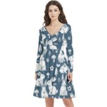 Easter bunny pattern Long Sleeve V-neck skater dress with Pockets