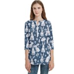 Easter bunny pattern Women s Zip Front V-Neck 3/4 Sleeve Casual Top Pocket Shirt