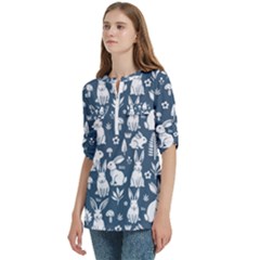Women s Zip Front V-Neck 3/4 Sleeve Casual Top Pocket Shirt 