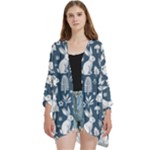 Easter bunny pattern Open Front 3/4 Sleeve Batwing Chiffon Cardigan Kimono