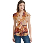 Burnt paper texture print design Women s Cap Sleeve Mandarin Collar Waist Tie Blouse