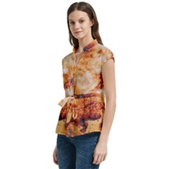 Women s Cap Sleeve Mandarin Collar Waist Tie Blouse 