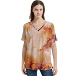 Burnt paper texture print design V-Neck Split Shoulder Casual T-Shirt
