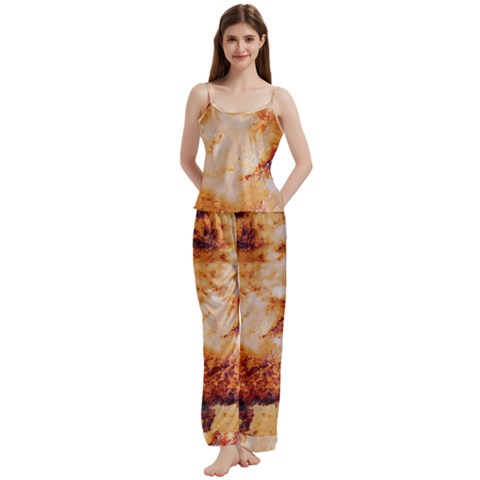 Burnt paper texture print design Spaghetti Top Long Pants Satin Pajamas Set from ArtsNow.com