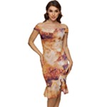 Burnt paper texture print design Off Shoulder Ruffle Split Hem Bodycon Dress