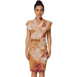 Burnt paper texture print design Vintage Frill Sleeve V-Neck Bodycon Dress
