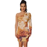 Burnt paper texture print design Long Sleeve One Shoulder Mini Dress