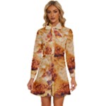 Burnt paper texture print design Women s Long Sleeve Bow Deco Button Up Dress