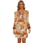 Burnt paper texture print design Long Sleeve Waist Tie Ruffle Velvet Dress