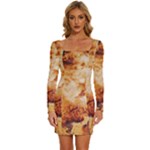 Burnt paper texture print design Long Sleeve Square Neck Bodycon Velvet Dress