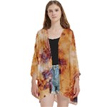 Burnt paper texture print design Open Front 3/4 Sleeve Batwing Chiffon Cardigan Kimono