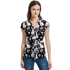 Women s Cap Sleeve Mandarin Collar Waist Tie Blouse 
