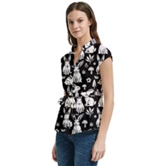 Women s Cap Sleeve Mandarin Collar Waist Tie Blouse 