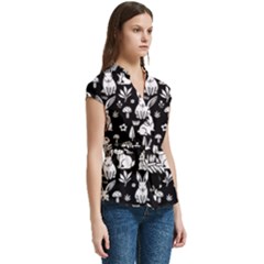 Women s Cap Sleeve Mandarin Collar Waist Tie Blouse 