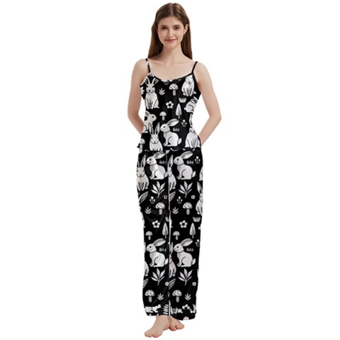 Easter bunny pattern Spaghetti Top Long Pants Satin Pajamas Set from ArtsNow.com