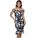 Easter bunny pattern Off Shoulder Ruffle Split Hem Bodycon Dress