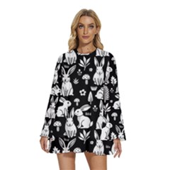 Round Neck Long Sleeve Bohemian Style Chiffon Mini Dress 
