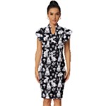 Easter bunny pattern Vintage Frill Sleeve V-Neck Bodycon Dress