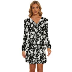 Long Sleeve Waist Tie Ruffle Velvet Dress 