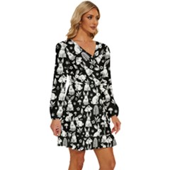 Long Sleeve Waist Tie Ruffle Velvet Dress 