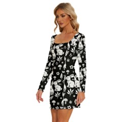 Long Sleeve Square Neck Bodycon Velvet Dress 