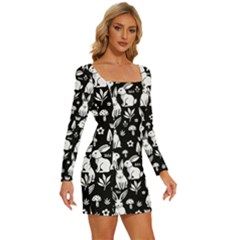 Long Sleeve Square Neck Bodycon Velvet Dress 