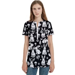 Women s Zip Front V-Neck Short Sleeve Casual Top Pocket Shirt 
