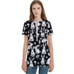 Easter bunny pattern Women s Zip Front V-Neck Short Sleeve Casual Top Pocket Shirt