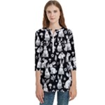 Easter bunny pattern Women s Zip Front V-Neck 3/4 Sleeve Casual Top Pocket Shirt