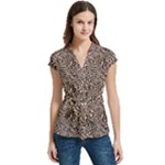 Brown Beige Snake Pattern Women s Cap Sleeve Mandarin Collar Waist Tie Blouse
