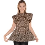 Brown Beige Snake Pattern Ruffle Collar Short Sleeve Chiffon Top