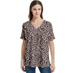Brown Beige Snake Pattern V-Neck Split Shoulder Casual T-Shirt