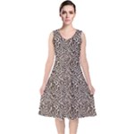 Brown Beige Snake Pattern V-Neck Midi Sleeveless Dress 
