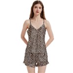 Brown Beige Snake Pattern V-Neck Satin Loungewear Set