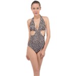 Brown Beige Snake Pattern Halter Front Plunge Swimsuit
