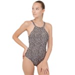 Brown Beige Snake Pattern High Neck One Piece Swimsuit