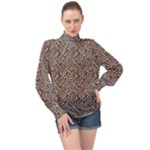 Brown Beige Snake Pattern High Neck Long Sleeve Chiffon Top