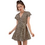 Brown Beige Snake Pattern Flutter Sleeve Wrap Dress