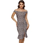 Brown Beige Snake Pattern Off Shoulder Ruffle Split Hem Bodycon Dress