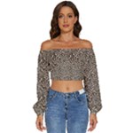 Brown Beige Snake Pattern Long Sleeve Crinkled Weave Crop Top
