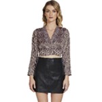 Brown Beige Snake Pattern Long Sleeve Tie Back Satin Wrap Top