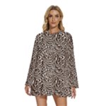 Brown Beige Snake Pattern Round Neck Long Sleeve Bohemian Style Chiffon Mini Dress