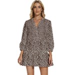 Brown Beige Snake Pattern V-Neck Placket Mini Dress