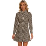 Brown Beige Snake Pattern Women s Long Sleeve Bow Deco Button Up Dress