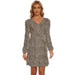Brown Beige Snake Pattern Long Sleeve Waist Tie Ruffle Velvet Dress