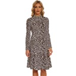 Brown Beige Snake Pattern Long Sleeve Shirt Collar A-Line Dress