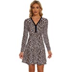Brown Beige Snake Pattern Long Sleeve Deep V Mini Dress 